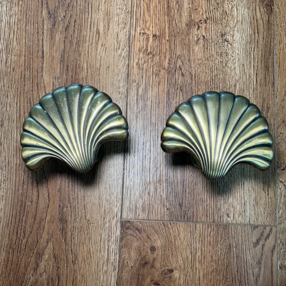 Vintage Brass Seashell Curtain Tiebacks Set of 2 Coastal Scallop Shell Hooks